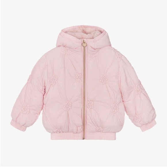Le Chic Girls 3Y Pastel Pink Hooded Floral Faux Pearl Puffer Jacket w/Fur - NWT! - Picture 1 of 10